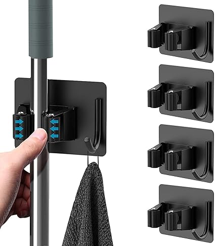 GRISHVA Broom Holder | Self Adhesive Wall Mounted Holder Stand for Broom and Mop Stick | Tool for Home Organization (Black, 2 pcs), Stainless Steel