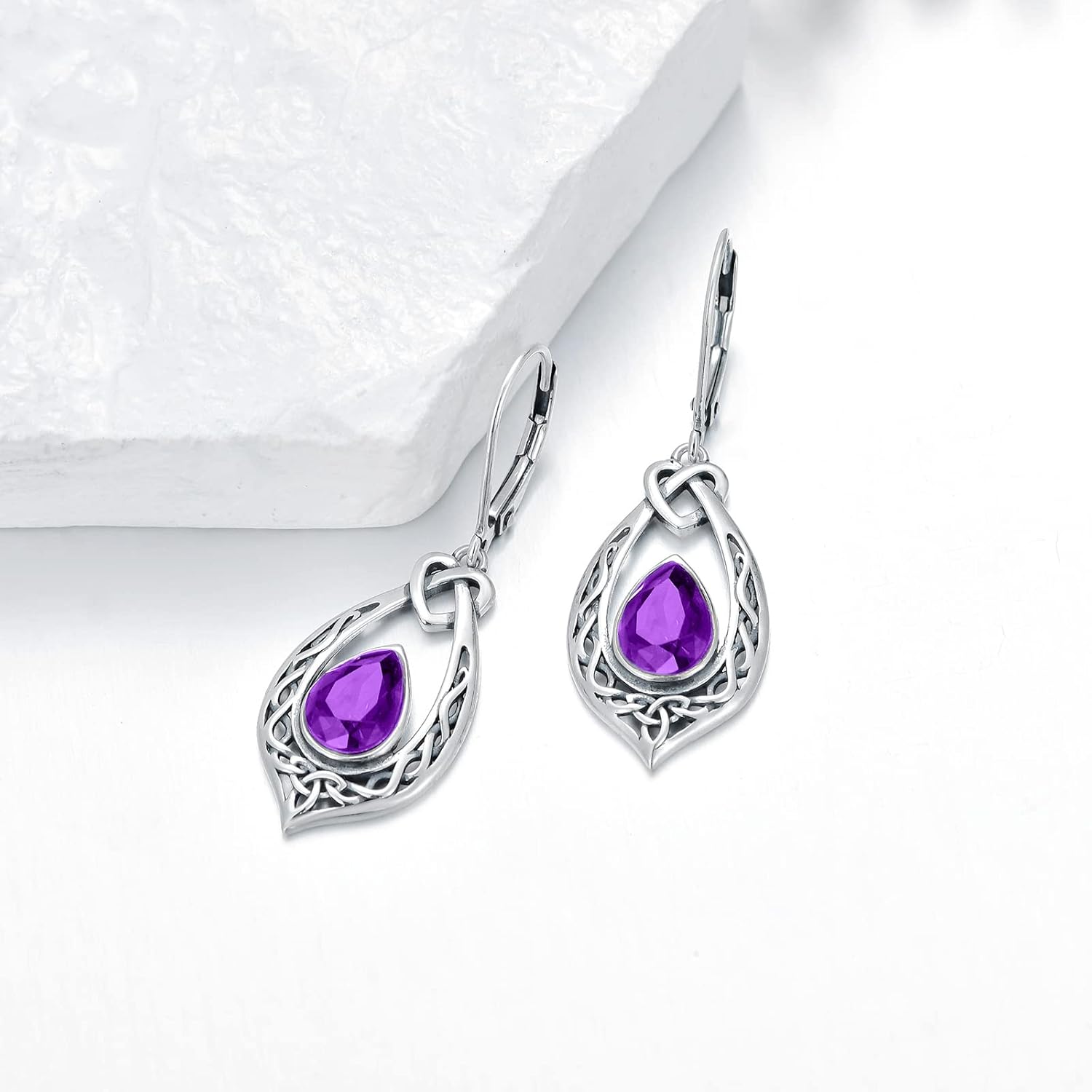 Celtic Knot Dangle Earrings 925 Sterling Silver Oxidized Vintage Drop Leverback Earrings with 8 * 6mm Simulated Birthstone Crystal Christmas Jewelry Gifts for Women (Gift Box) - Image 5