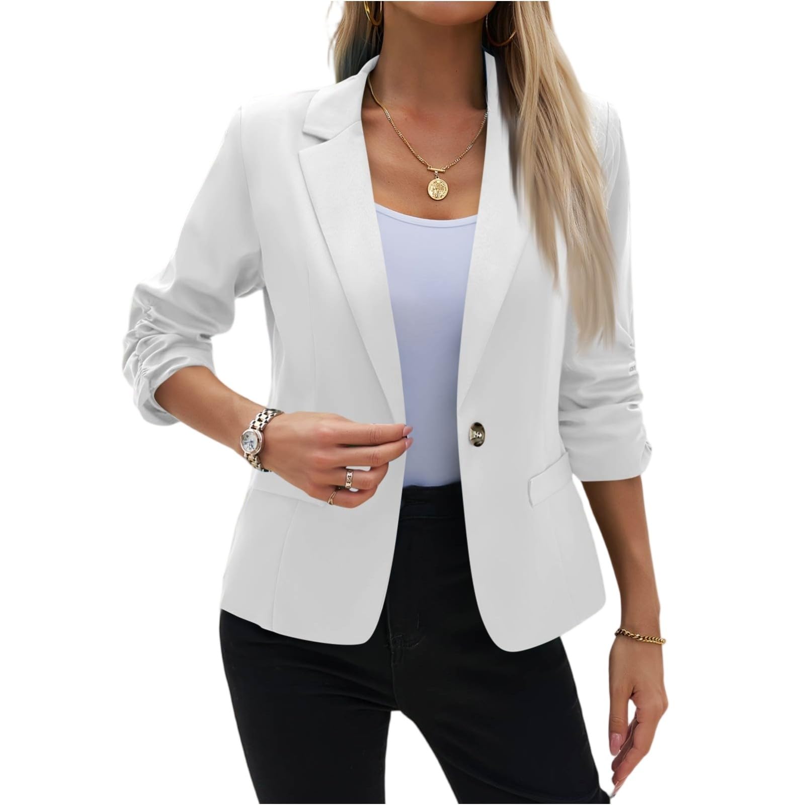 Veste Blazer Femme Chic et Elegant Manteau Scolaire Manche Longues | Classique Automne Col Revers Famme Elastique Uni Boutonnee Cintrée