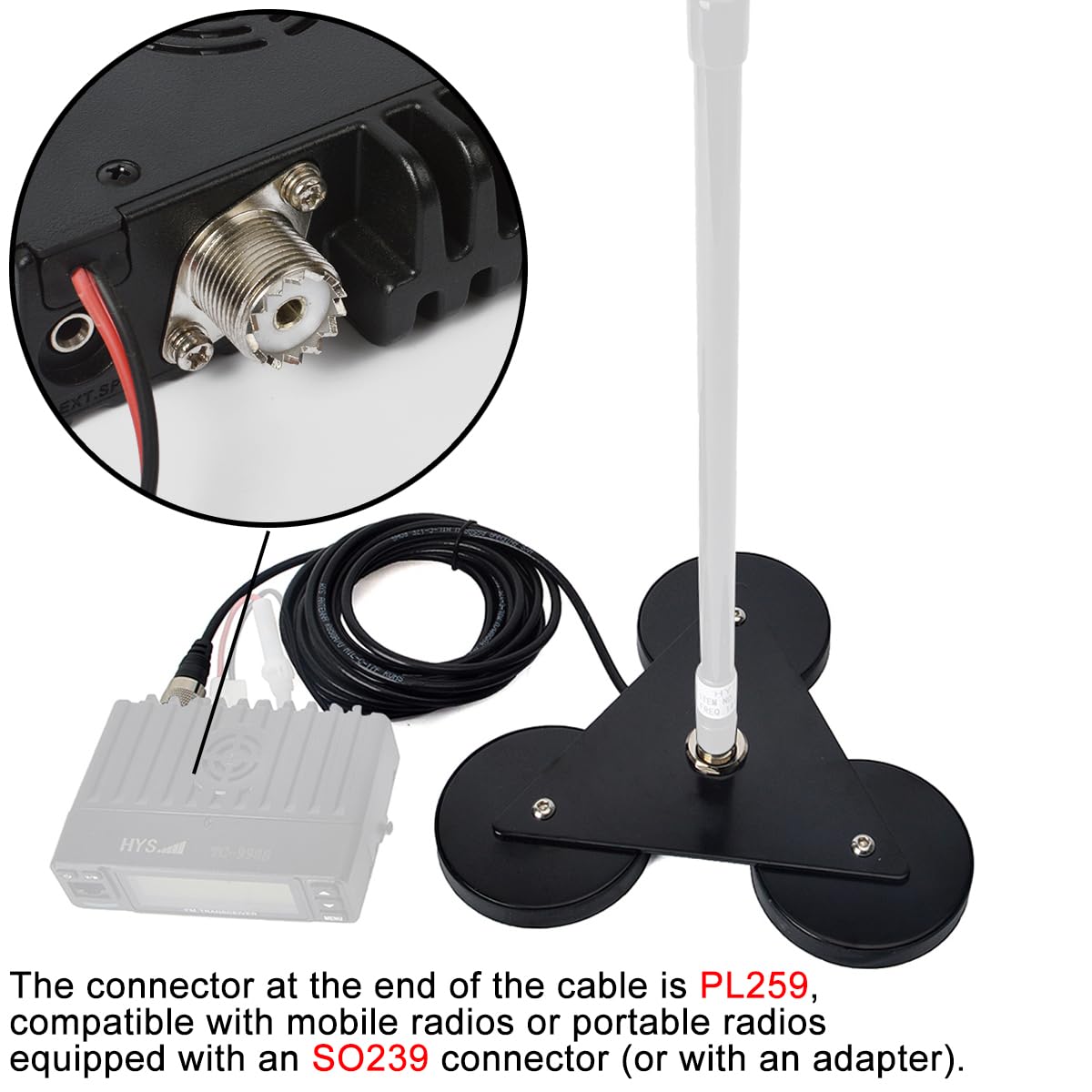 Base Montage Magnétique Robuste pour Antenne CB/VHF/UHF avec Connecteur SO239, Câble Coaxial RG58 PL259 de 5 mètres, pour Voiture/Camion, Extérieur, Maritime
