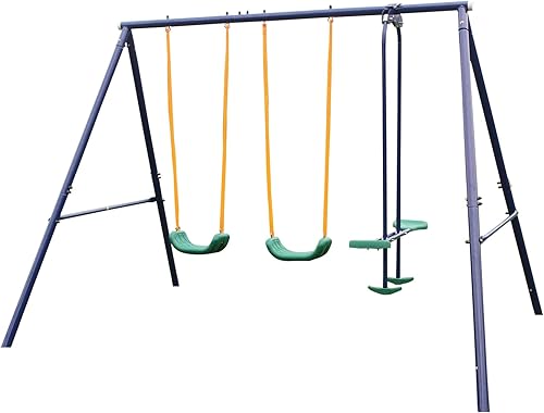 Miniatura 1 de Juego de columpios 2 en 1 para patio trasero con dos asientos y un deslizador, juego de juegos para niños al aire libre, acero resistente, un