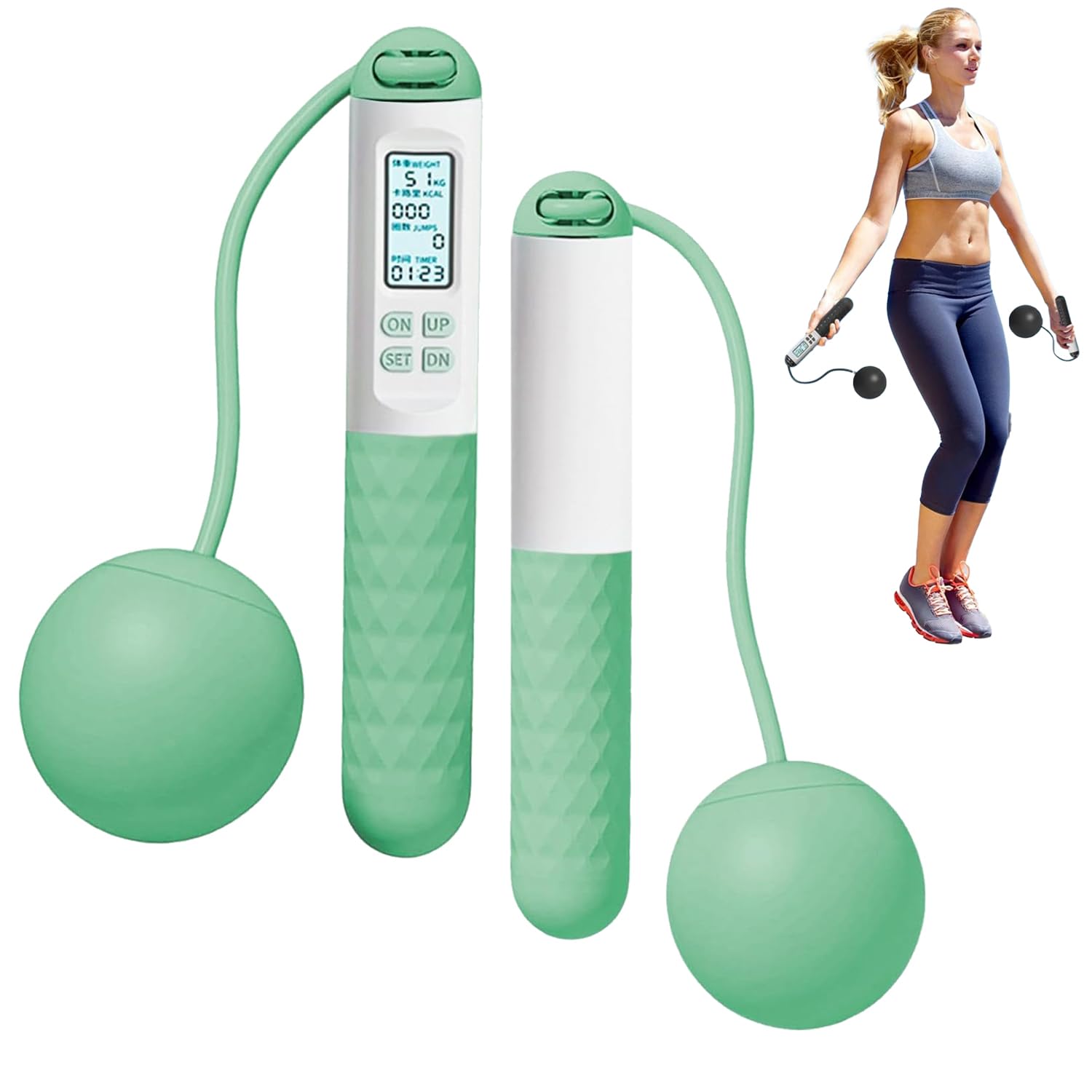 Ropeless Skipping Rope, Cordless Skipping Ropes for Adults, Wireless Skipping Rope with Counter, Smart Digital Gravity Ball Jump Rope without Rope for Home Workout Equipment for Women Men (Green-B)