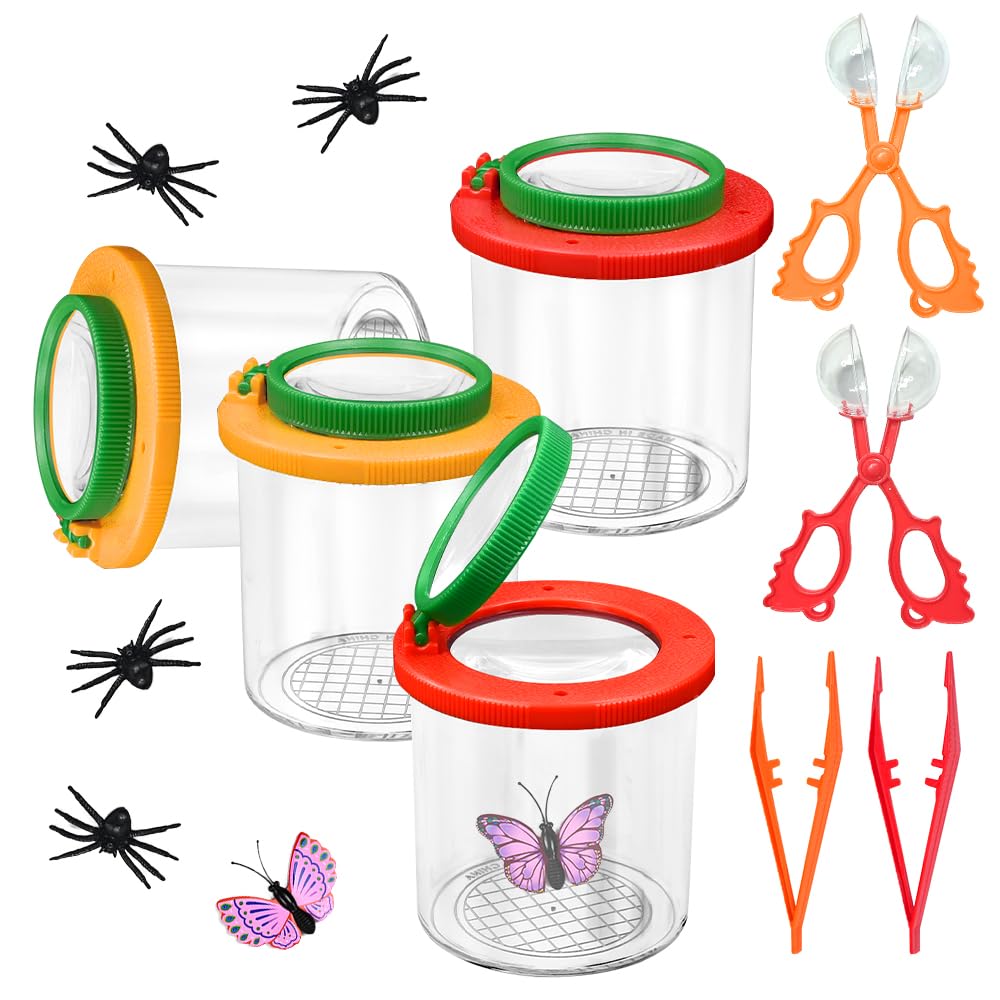 4 Stück Becherlupen für Kinder Becherlupe Lupenglas für Kinder Set Insekten Viewer für 3-Fach/6-Fach Lupenbecher Set Insektenfänger mit Pinzette Kleinkindspielzeug für Outdoor Natur Erkundung