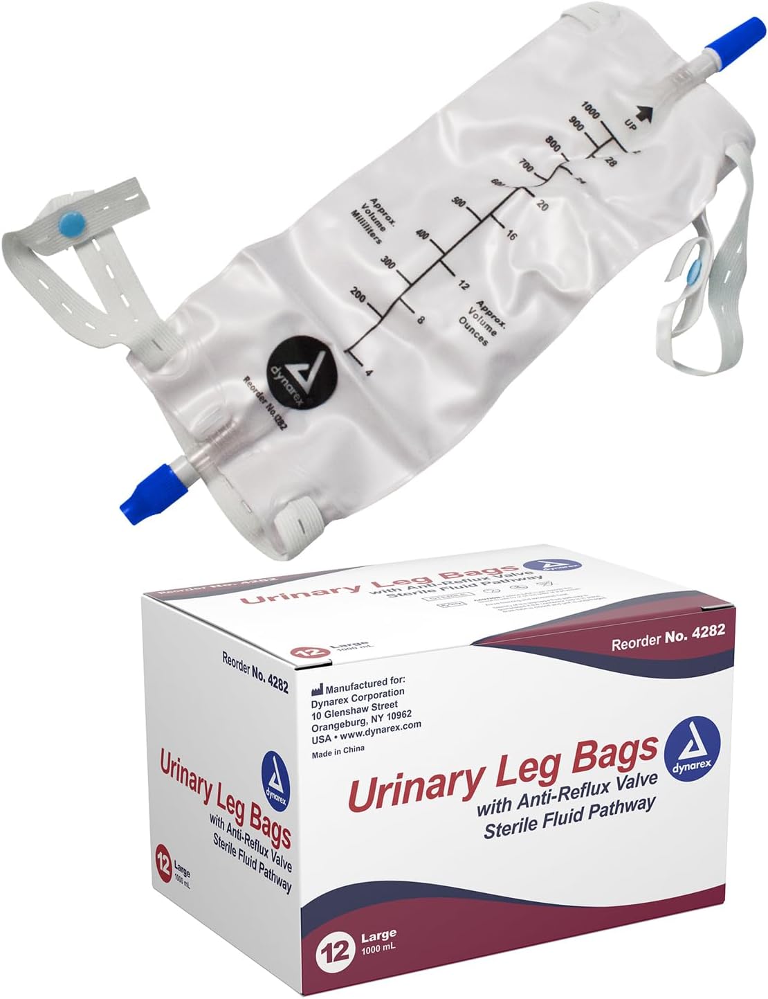 Dynarex Urinary Leg Bag, For Use with a Catheter, Has a Non-Drip Closure and Anti-Reflux Valve, Includes Easy-to-Use Straps, 1000 ml/20 oz Capacity, Medium, White, 1 Box of 12 Dynarex Urinary Leg Bags