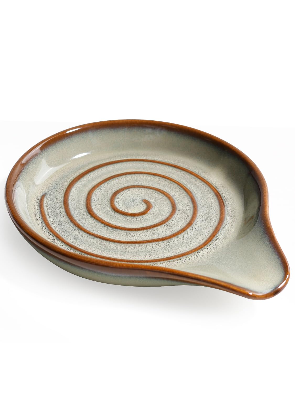 ANTIS'S HOME Ceramic Spoon Rest with Natural Spiral Pattern – Handcrafted Stoneware Utensil Holder – Heatproof, Dishwasher Safe – Elegant Sage Green & Brown for Rustic or Modern Kitchens