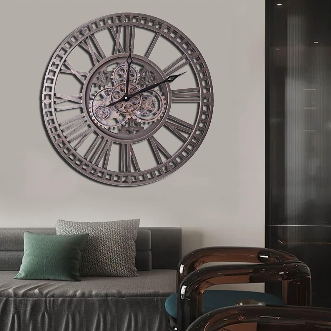 SkyFace Vintage Wanduhr Groß mit Beweglichen Zahnrädern Lautlos Wanduhr Vintage 60cm Industrial Steampunk Vintage Retro Antike Metall Uhr für Küche Wohnzimmer Zuhause Bar Schule