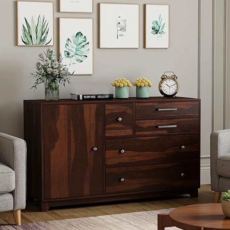 Image of Amazon Brand - Solimo Solid Sheesham Wood Karen Sideboard Cabinet with 4 Drawers & 2 Doors | Multipurpose Wooden Storage Organizer for Living Room, Bedroom, Kitchen, Office & Home (Walnut Finish)