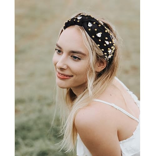 Vista 3 de Diademas anudadas de cristal para mujer, diademas brillantes con diamantes de imitación, cuentas doradas anchas adornadas, accesorios para el Negro