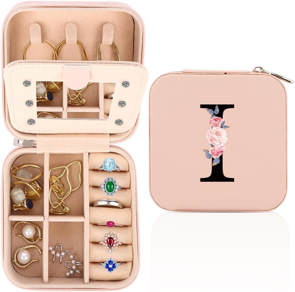 WALLFID Travel Jewellery Box,Alphabet Jewellery Organiser,Portable Jewellery Box,Small Travel Jewellery Storage Case with Mirror,Birthday Gift for Women,Mothers Birthday Valentines Day Gift Ideal(I)