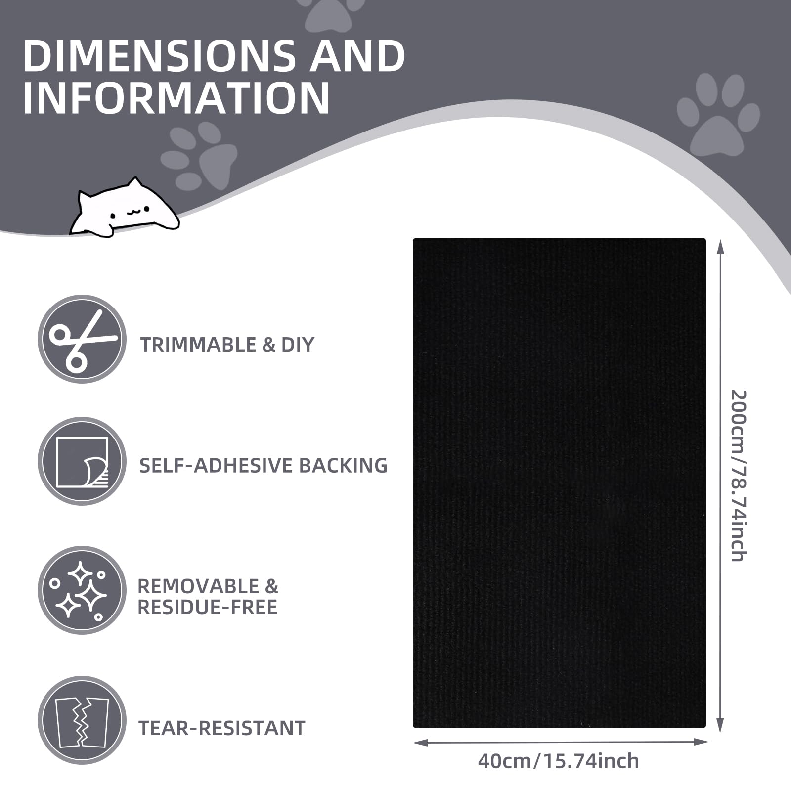 Protezione Divano Graffi Gatto: DIY Tiragraffi per Divano Tappeto Tiragraffi per Gatti Autoadesivo 200x40cm - Ideale per Divani, Mobili e Pareti, Sisal e Moquette (Nero, 40×200cm)