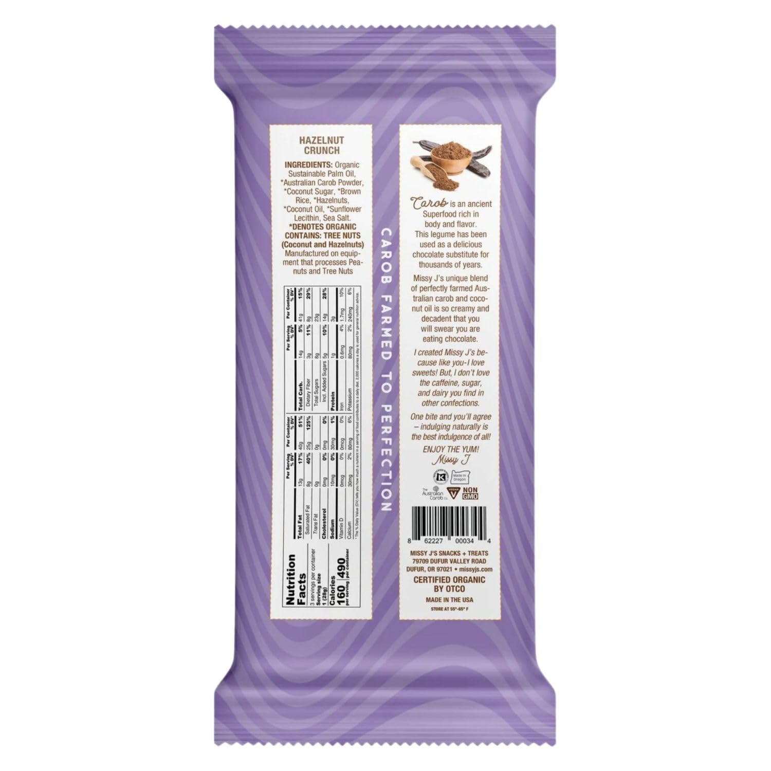 Missy J's Organic Carob Bars Hazelnut 3 Oz 12 Pack, Made with Coconut Sugar, Vegan, Gluten and Caffeine Free, Healthy Substitute for Chocolate, Perfect for Snacks and Treats