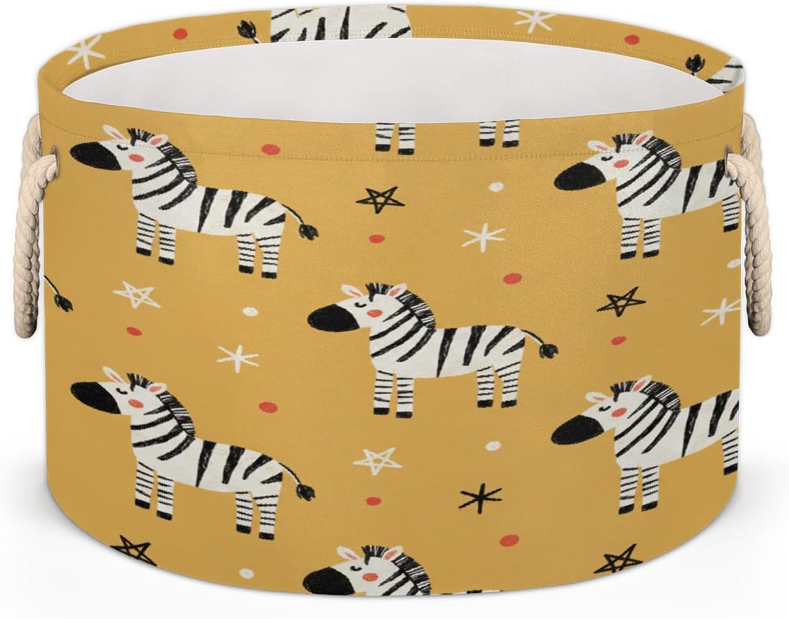 Large Storage Baskets - Zebra Nursery Round Collapsible Organizer Bin Box, Laundry Hamper for Kids Toys, Blanket, Bedroom Living Room Home Decor, Gift Basket, 19.4"x13.3"