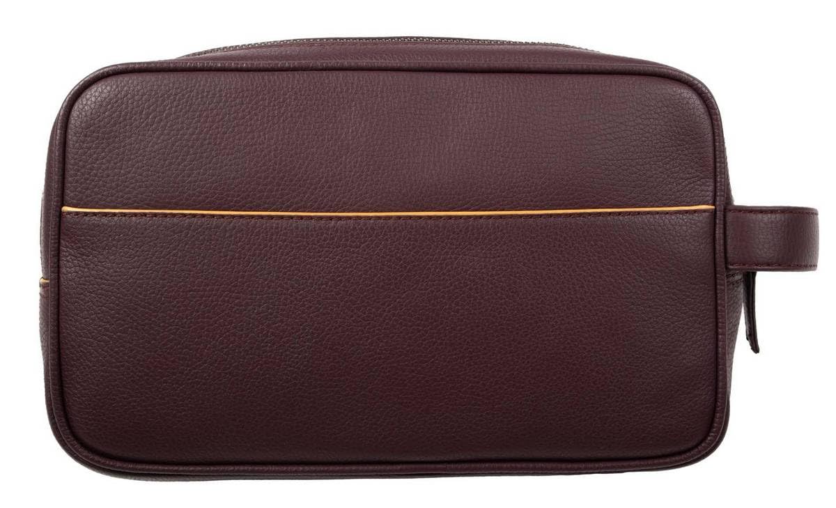 Bolsa de lavado de piel granulada con dos cremalleras para hombre, Burdeos/marrón claro, Talla única