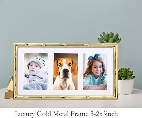 Miniatura 2 de Marcos de fotos dorados de 3-2 x 3 pulgadas, paquete de 2 unidades, elegantes diseños de detalles de bambú, marcos de fotos chapados en oro, marcos