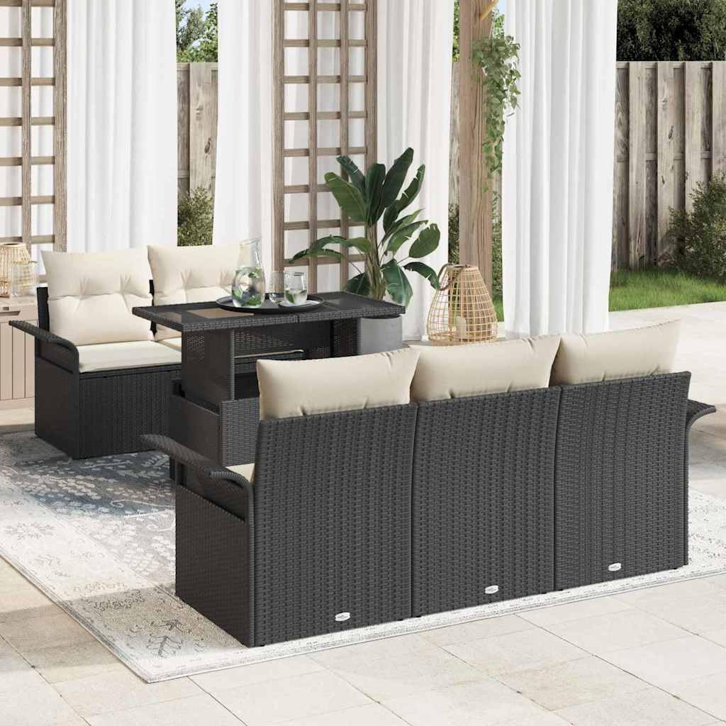 Juego de salón modular de ratán negro de 6 piezas con cojines y mesa de vidrio, sofá de jardín con respaldo ergonómico, diseño moderno para terraza y jardín