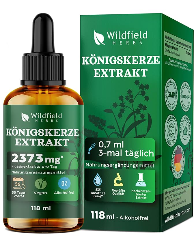 118 ml Königskerzen Tropfen - 2.373 mg Mullein Leaf Extract - 2-Monats-Vorrat - Produziert in Deutschland - Königskerze Nahrungsergänzung - Alkohol- & zuckerfrei