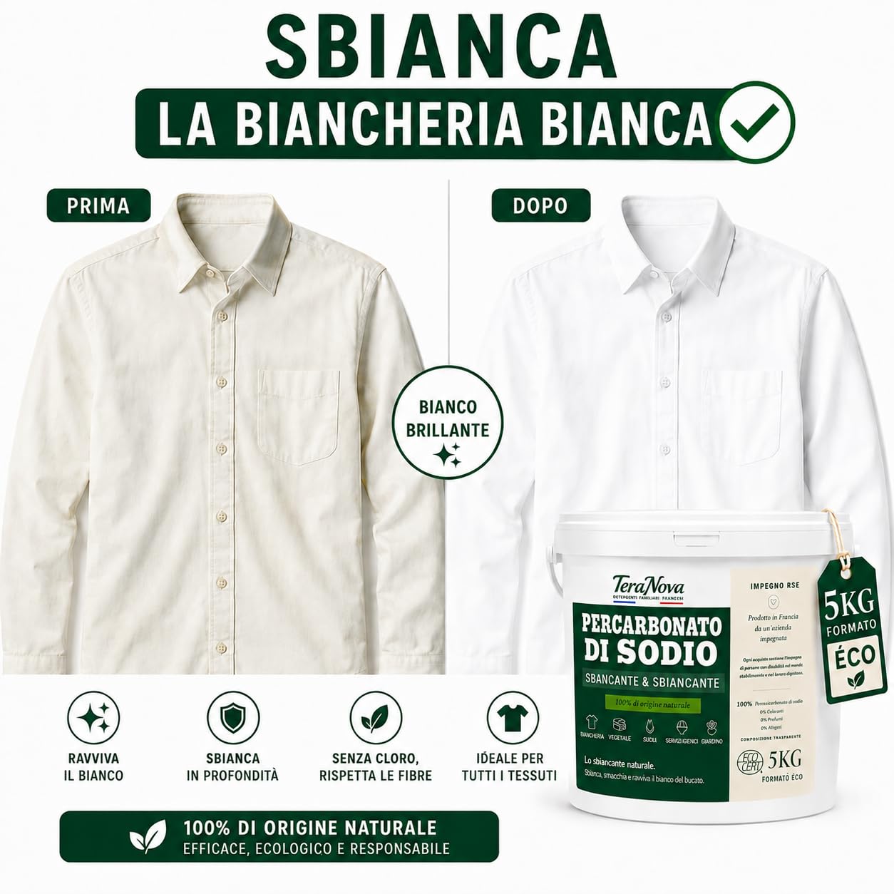 Percarbonato di Sodio 5 kg – Smacchiatore e Sbiancante Naturale ECOCERT – 100% Puro senza Additivi – Oltre 600 Lavaggi – Ossigeno Attivo – Dosatore Incluso
