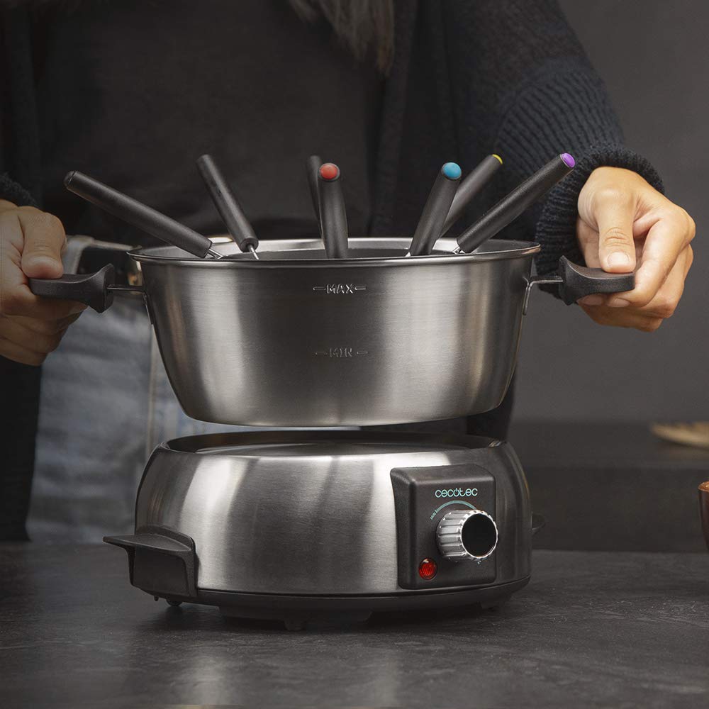 Cecotec elektisches FunGourmee Fondue aus rostfreiem Stahl für 8 Personen, einstellbare Temperatur, 1000 W, mit 8 Spießern, für Käse, Schokolade und Öl
