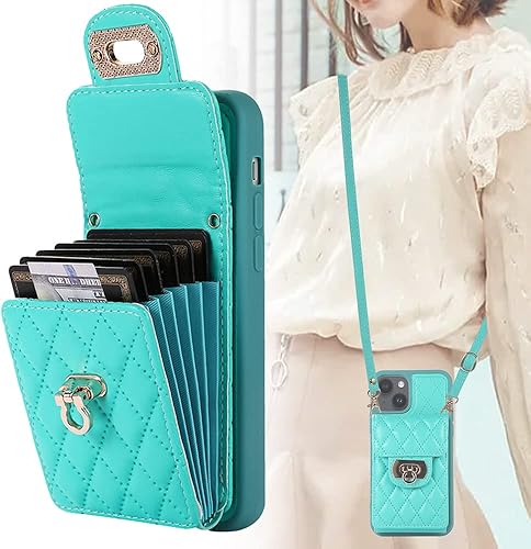 KUDEX Funda cruzada para iPhone 14, funda protectora de cuero de lujo con correa de cordón extraíble, tarjetero con soporte para tarjeta de crédito