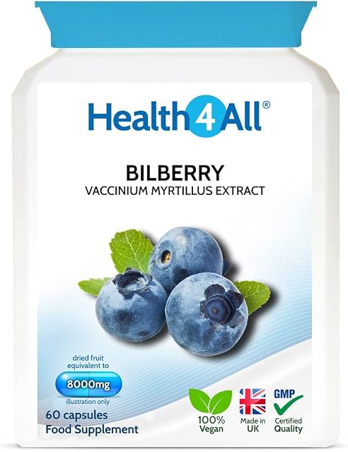Bilberry Strong Extract 8,000mg 60 Capsules (V) . Vegan Capsules (not Tablets). Antioxidant for Eyesight. Made in The UK by Health4All.