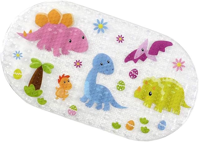 Ruiuzioong Children Long Non-Slip PVC Rubber Bath Tub Shower Mat Bathtub Mats with Suction Cup Powerful Suction Cup Gripping Machine Washable Antibacterial (Dinosaur, 27 * 15 Inch)