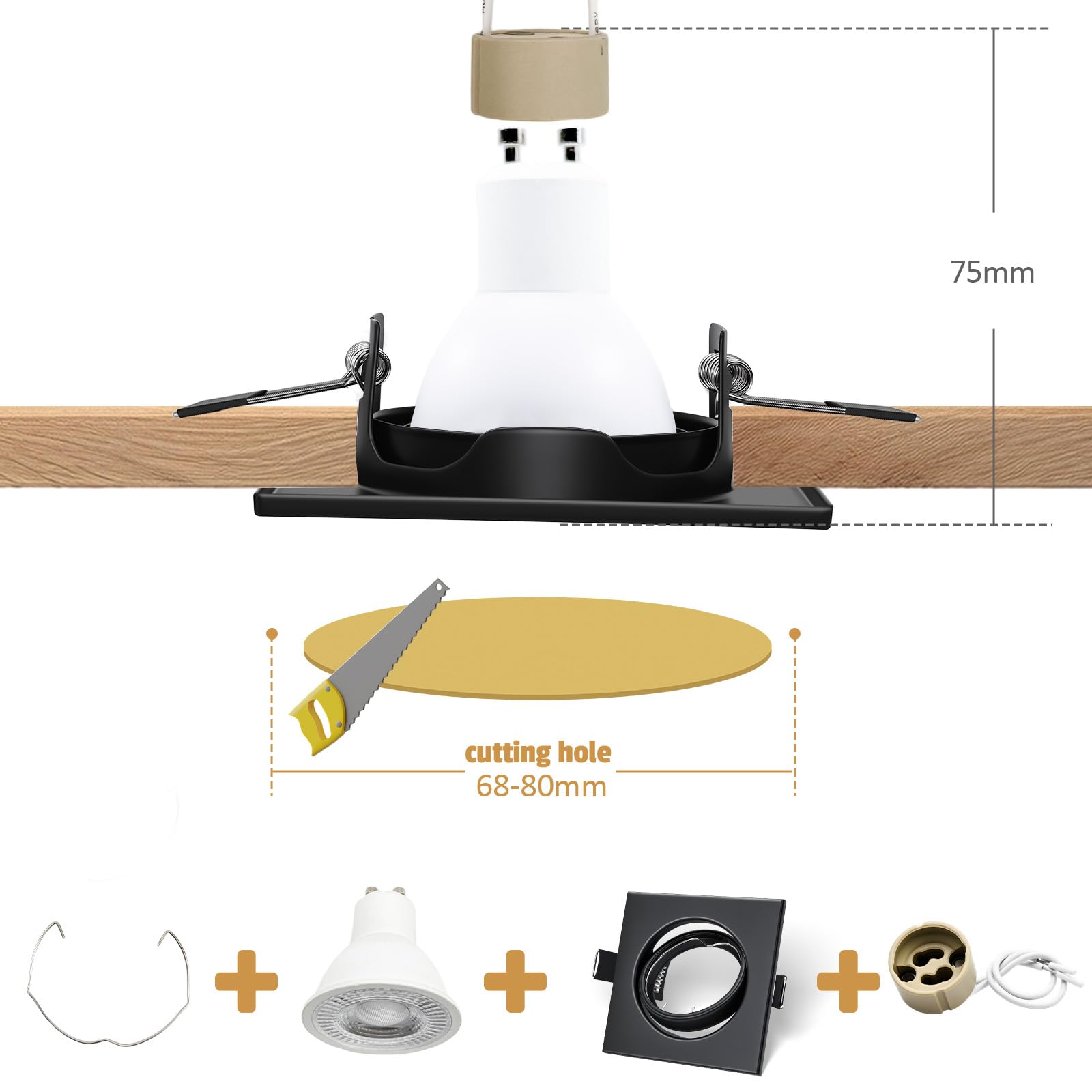 12x LED Einbaustrahler Rahmen mit GU10 Fassung, Eckig Matt Schwarz Metall Einbaurahmen, 68-80mm Lochmass, 30° Schwenkbar, inkl. GU10-Fassung für LED oder Halogen Leuchtmittel