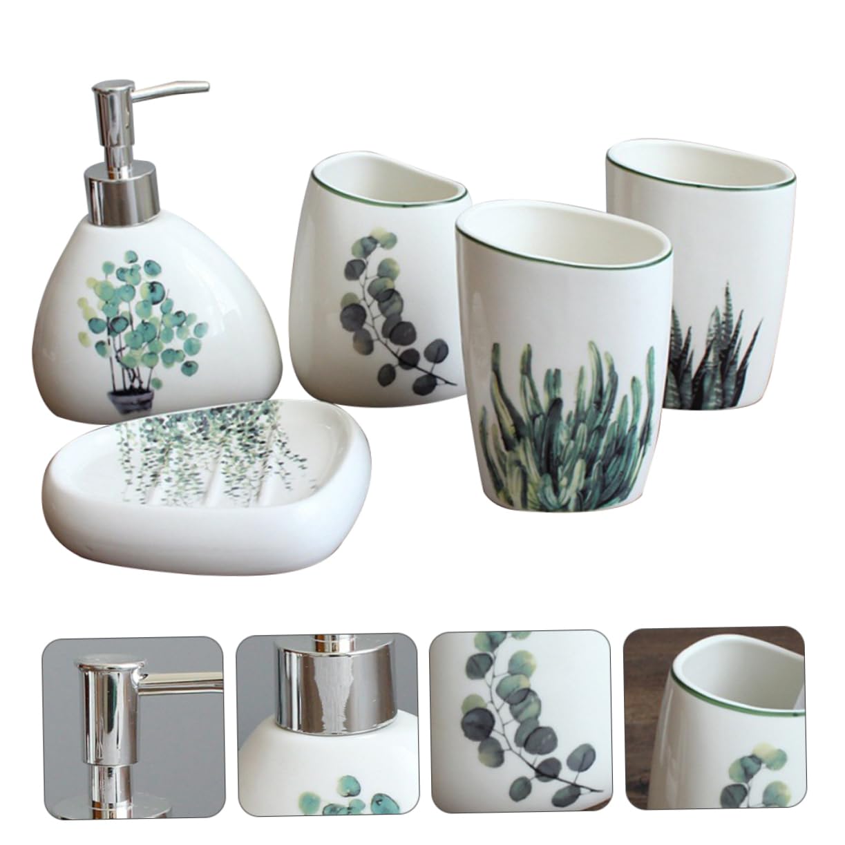 Juego de Accesorios de Baño de 5 Piezas Cerámico Jabonera Vaso para Cepillo de Dientes y Gárgaras Diseño Elegante Accesorio Compacto para Baño para Decorar y Organizar