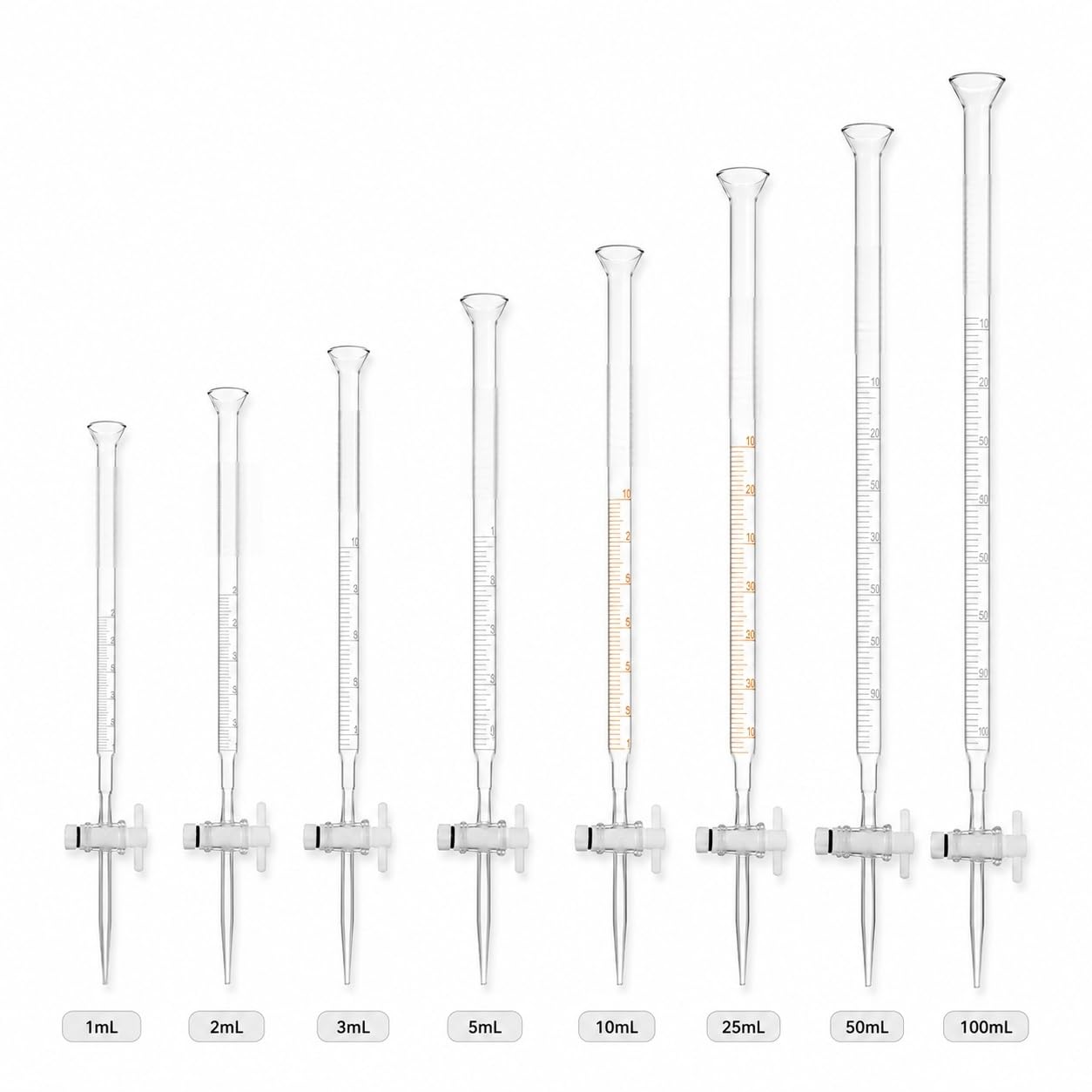 Universal-Glasbürette mit Trichter-Rand und PTFE-Hahn-50mL/0.1 | Universal-Glasbürette mit Trichter-Rand und PTFE-Ventil für Säure und Alkali