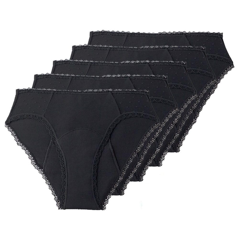 Braguitas de Encaje para Mujer Ropa Interior a Prueba de Fugas Bragas absorbentes Bragas Menstruales Posparto Paquete de 5 Negro Xs