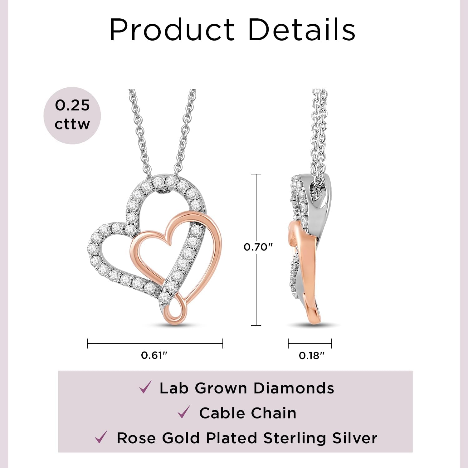 Jewelili Rose Gold Plated Sterling Silver 1/4 Cttw Round Lab Grown Diamond Double Heart Pendant Necklace 18 Inches Cable Chain
