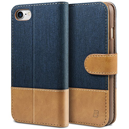BEZ Hülle für iPhone 8 Hülle, iPhone 7 Hülle, Handyhülle Kompatibel für iPhone 7 Hülle Klappbar, Handytasche Schutzhülle Tasche [Stoff und PU Leder] mit Kreditkartenhaltern - Blau Marine