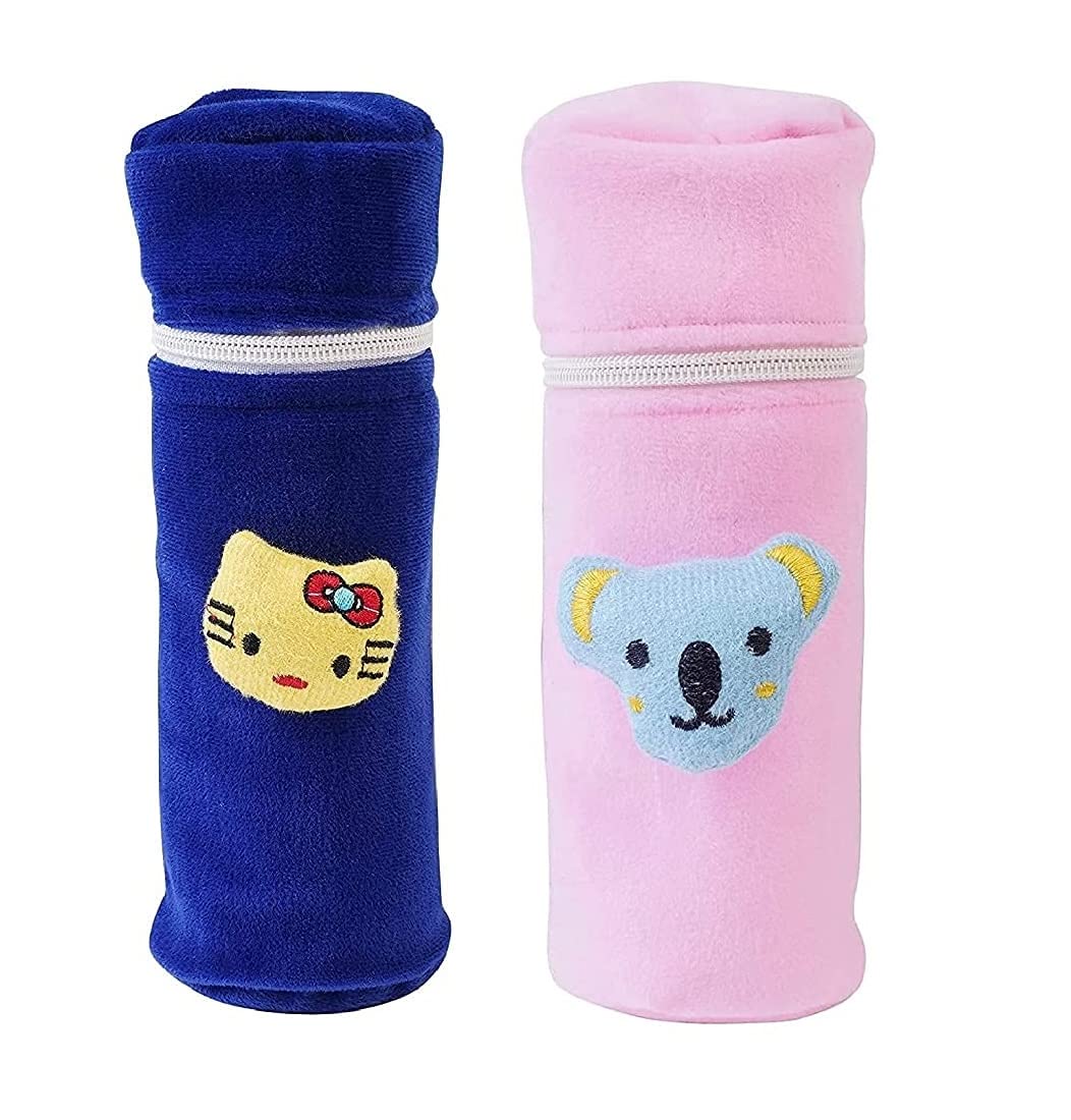 Anush Marino Feeding Bottle Cover |120ML-250ML | Soft Plush Stretchable | Baby Feeding Bottle Cover | Easy to Hold Strap | Cute Animated Cartoon | Pack of 3 | (Royal Blue & Baby Pink)