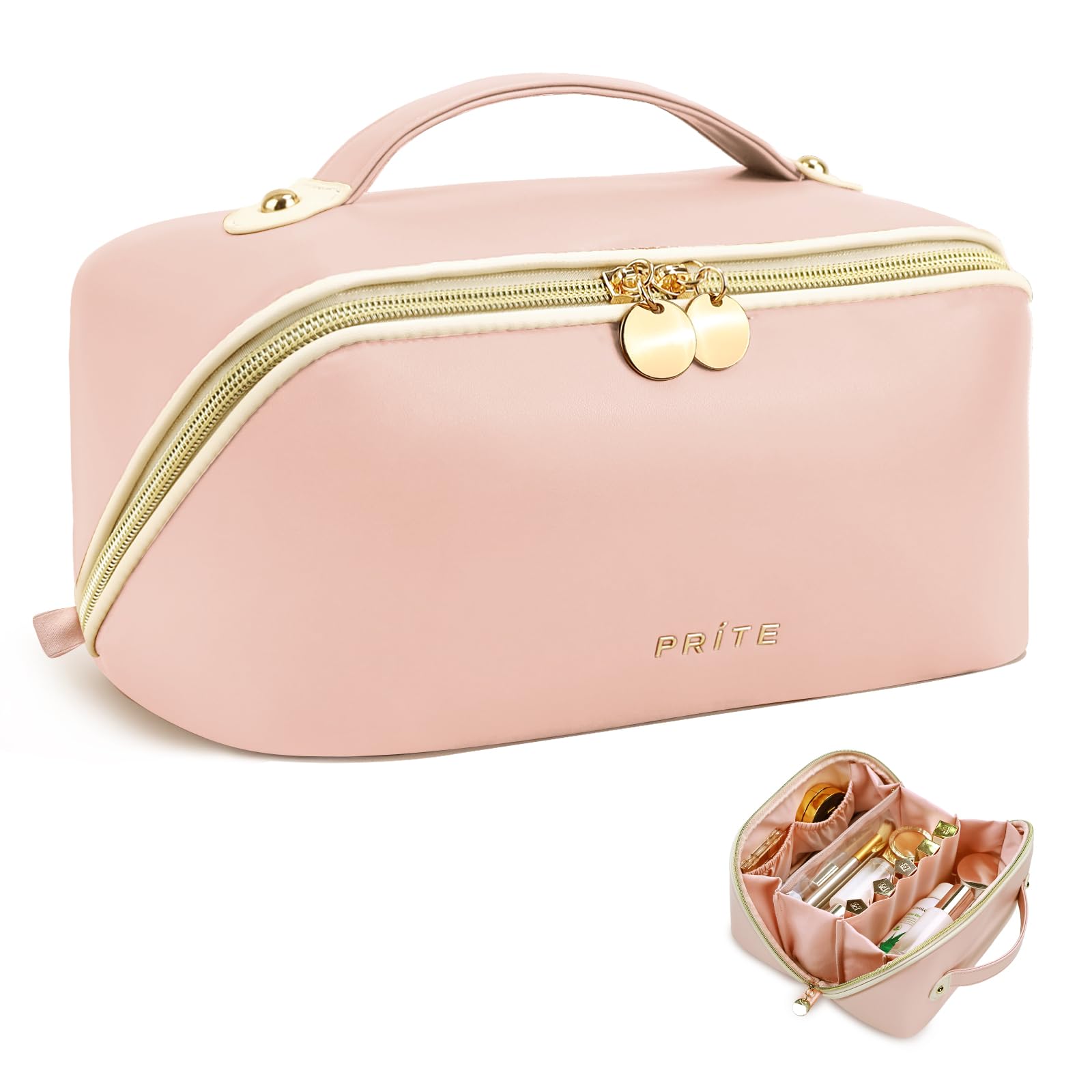 Prite Large Capacity Makeup Bag Portable Travel Cosmetic Bag Waterproof Toiletry Case with Clear Divider and Handle — view 20