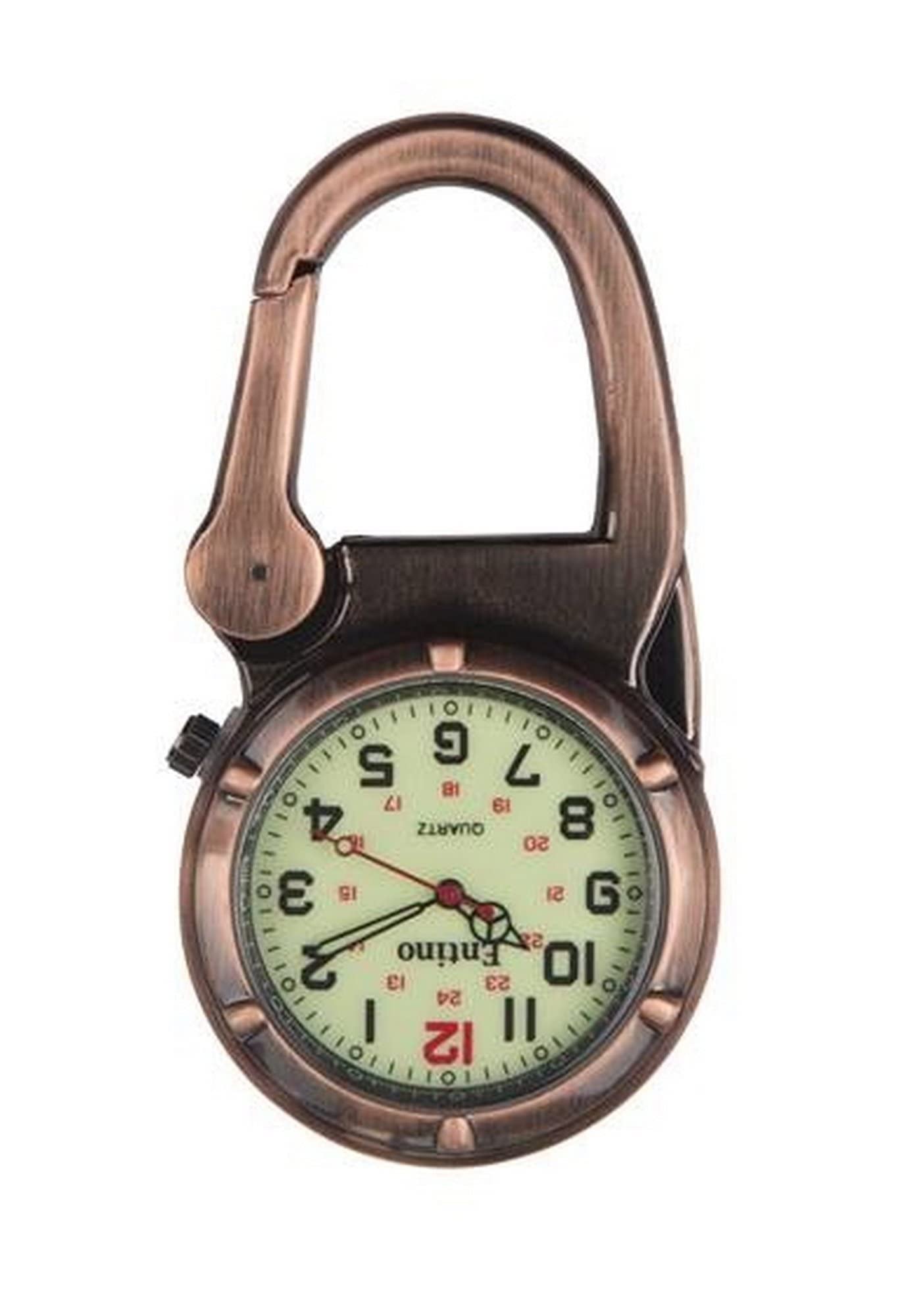 Unisex Pocket FOB Watch Antique Copper Clip on Carabiner Luminous Face Sturdy Doctors Nurses Analog Display Quartz Movement Ent-FOB