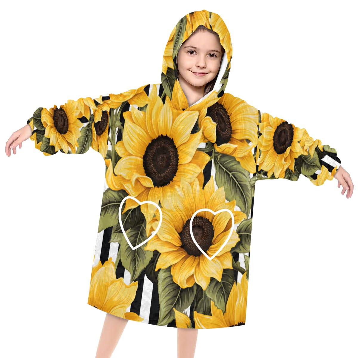Kids Blanket Hoodie Sunny Sunflower Wearable Blanket Hoodie Oversized Hooded Blanket, Sweatshirt Blanket with Pockets Soft Warm Kids Hooded Blanket for Girls, Boys