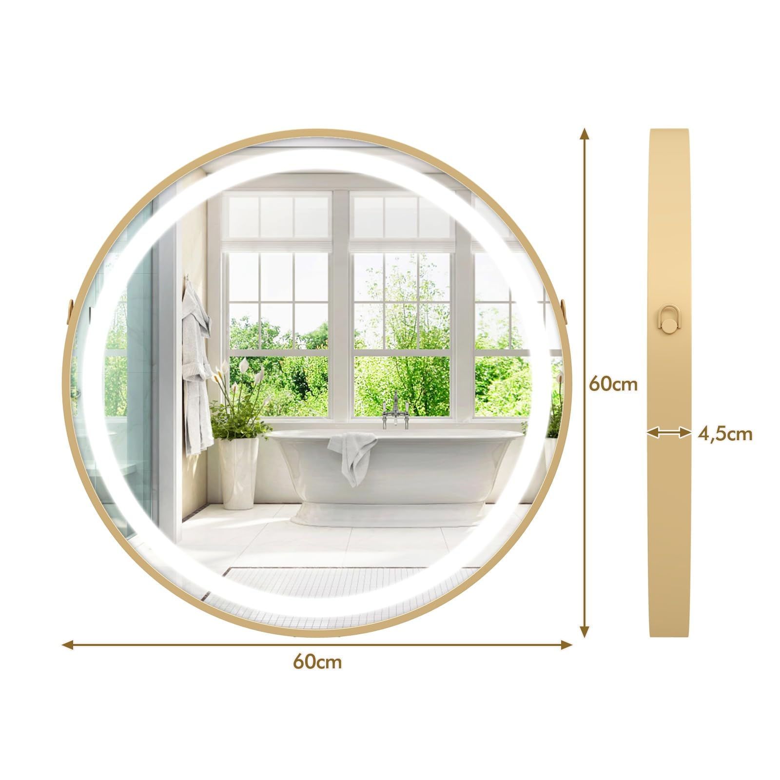 LIFEZEAL Specchio Bagno, 60x60 cm, Specchio Rotondo con Luce di 3 Colori, Specchio Tondo da Parete con Led Luminosità Regolabile 5%-100%, Interruttore Touch e Funzione Antiappannamento