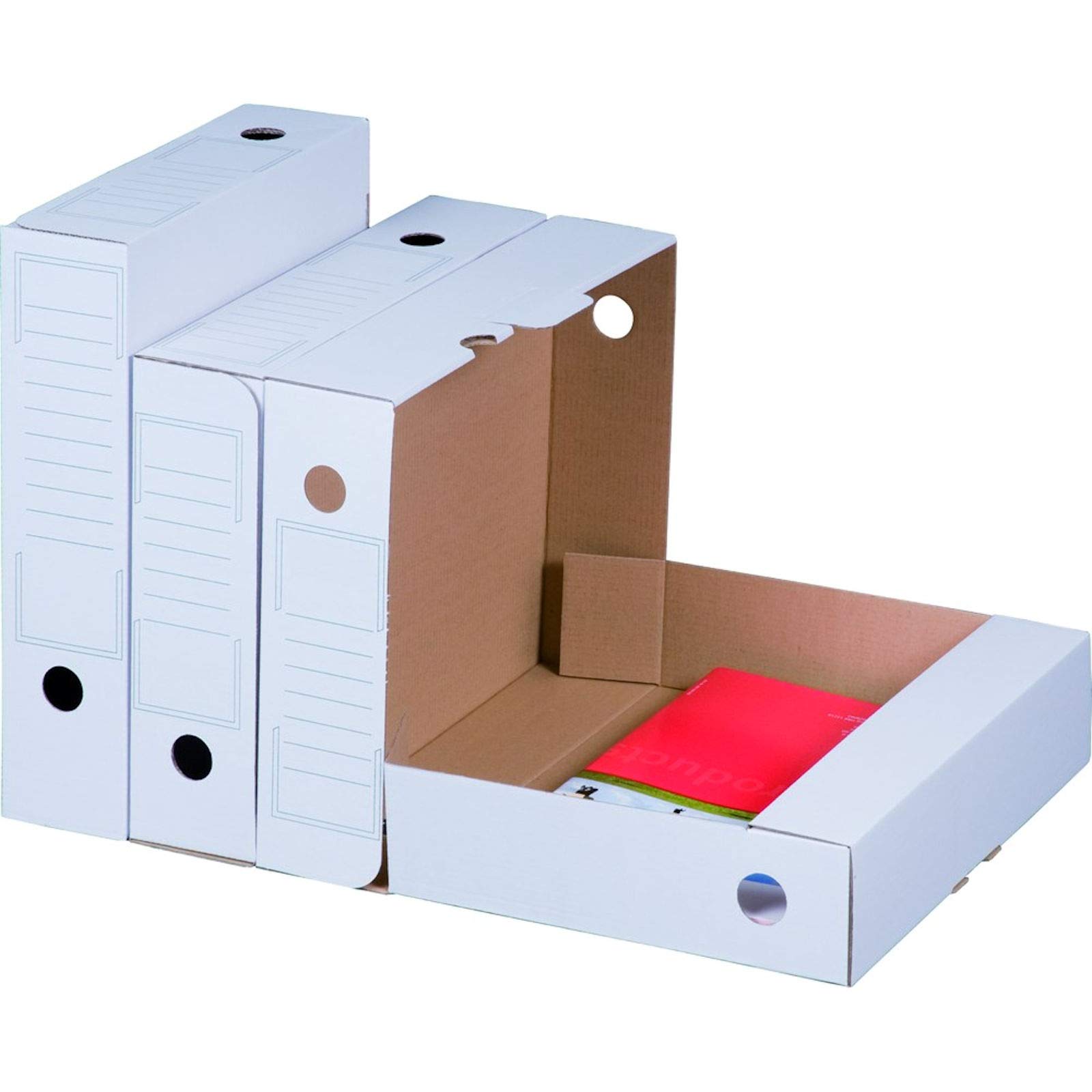 KK Verpackungen Archivbox Weiß | 20 Stück, 250 x 70 x 317 mm | Wiederverschließbare Ablageboxen mit Beschriftungsfeld | Aktenkarton mit Griffloch, Einstecklasche, 7,5 cm Rückenbreite