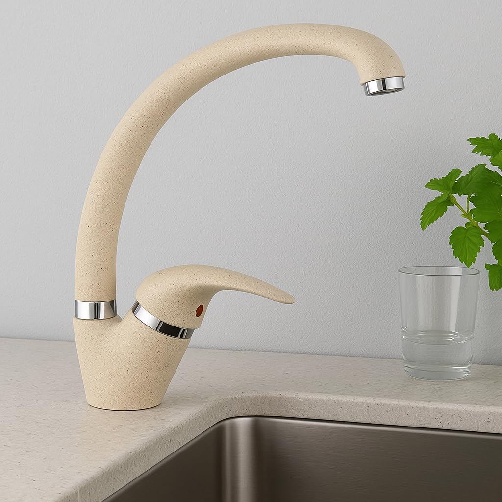 Miscelatore Cucina Monocomando Con Aeratore Anticalcare – Rubinetto Lavello In Granita Beige, Girevole, Risparmio Idrico, Design Moderno 245x250 Mm