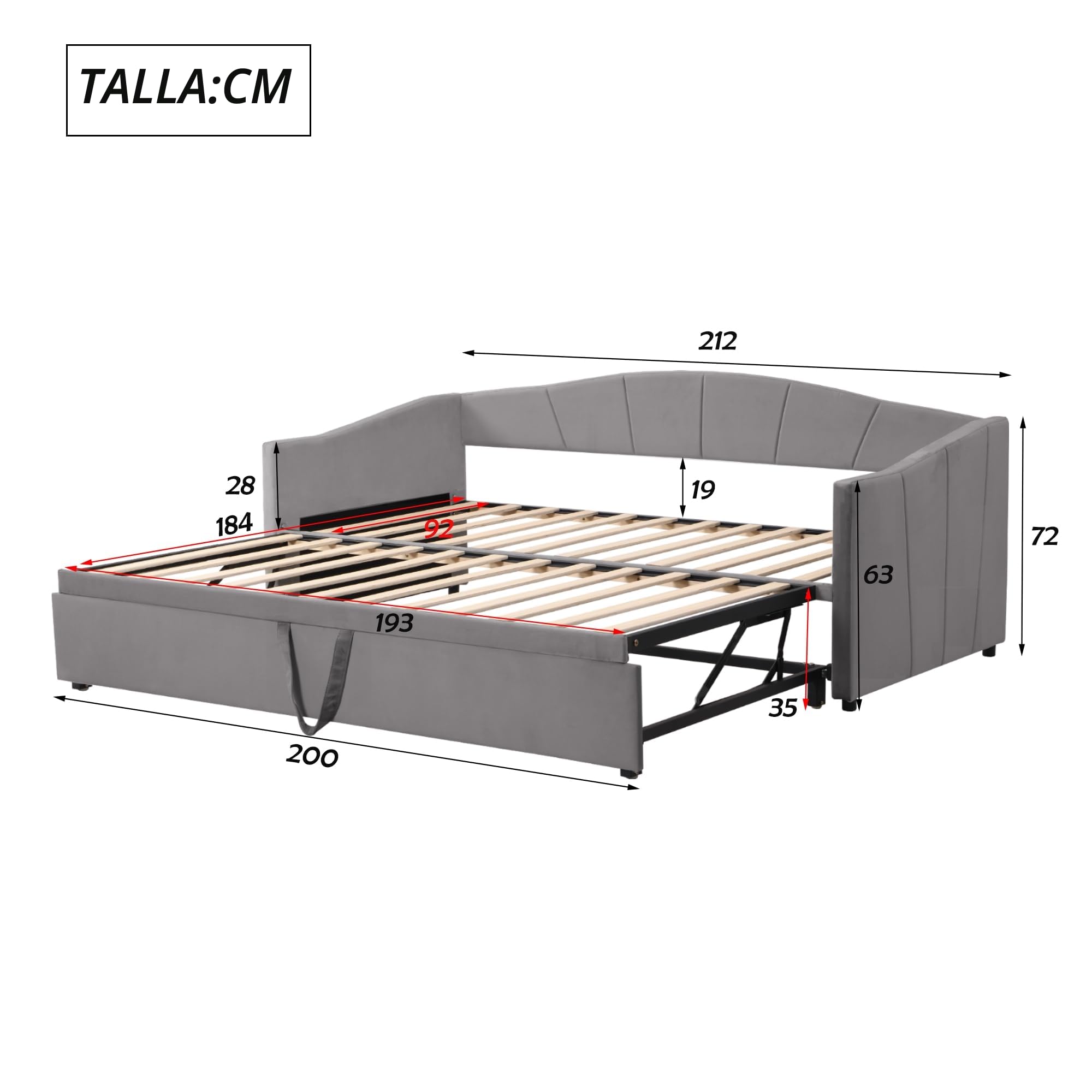 Idemon Sofá cama 90 → 180 × 200 cm con somier (terciopelo gris, sin colchón), cama extensible multifunción, como cama de día, cama de invitados y cuna