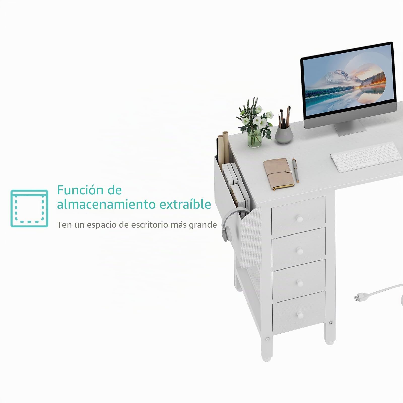 Lufeiya Mesa Escritorio Blanco con Cajones y Enchufes,Escritorio Esquinero con 4 Cajones 120CM Escritorio en l L para Oficina Juveniles Estudio（Enchufes Europea