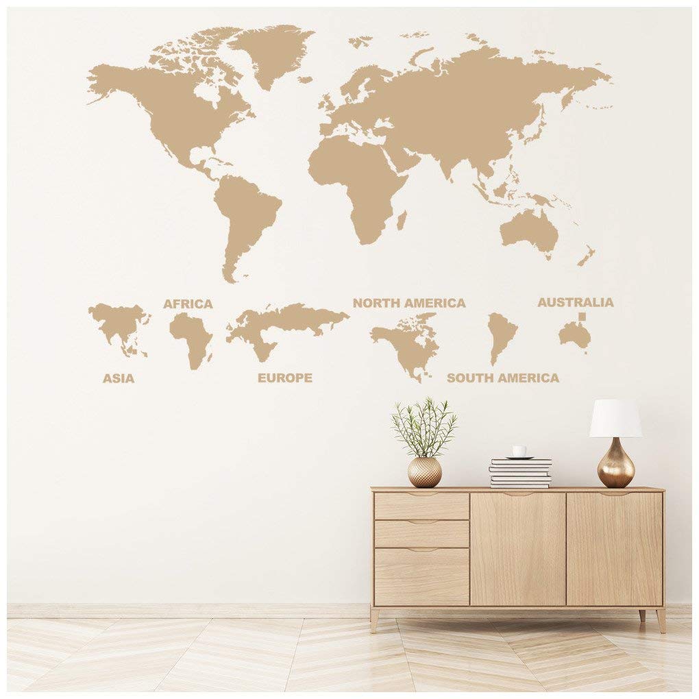 azutura World Map Continents Wall Sticker available in 5 Sizes and 25 Colours Gold Metallic