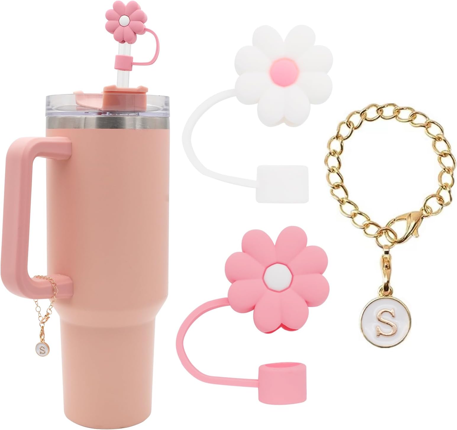2PCS Straw Cover for Stanley Cup 30&40 Oz 10mm Flower Silicone Straw Topper Protector Lid with Initial Personalized Letter Charm Stanley Tumblers Accessories (2pcs Flowers+S)