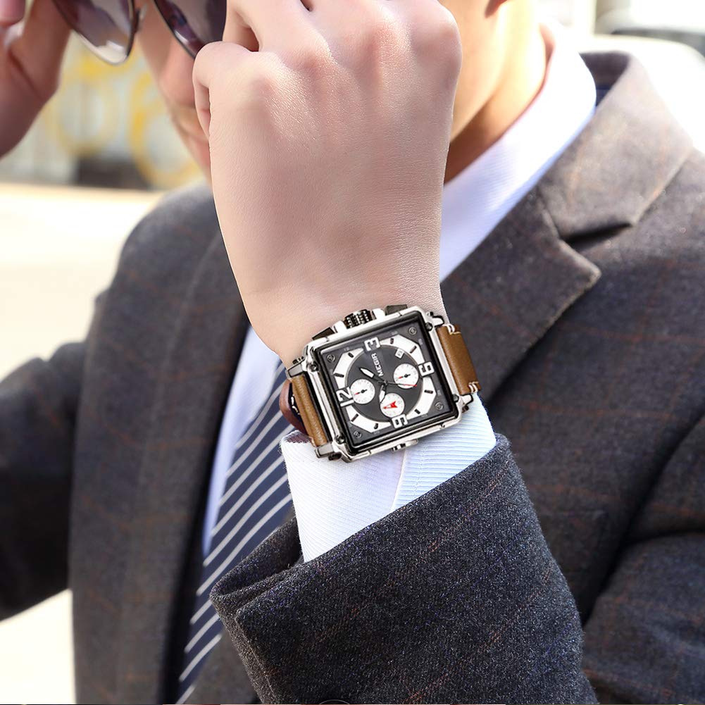 MEGIR ML2061G - Orologio da uomo analogico al quarzo, con cinturino in pelle alla moda, stile militare, cronografo, luminoso, per sport e lavoro