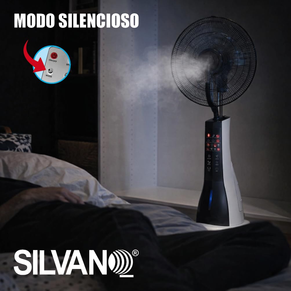 SILVANO Ventilador Nebulizador de Pie 90W con Mando a Distancia | Ventilador con Agua y Pulverizador | 3 Velocidades, Temporizador y Oscilación | Silencioso | Depósito 2,8–3L (MistFlow Pro)