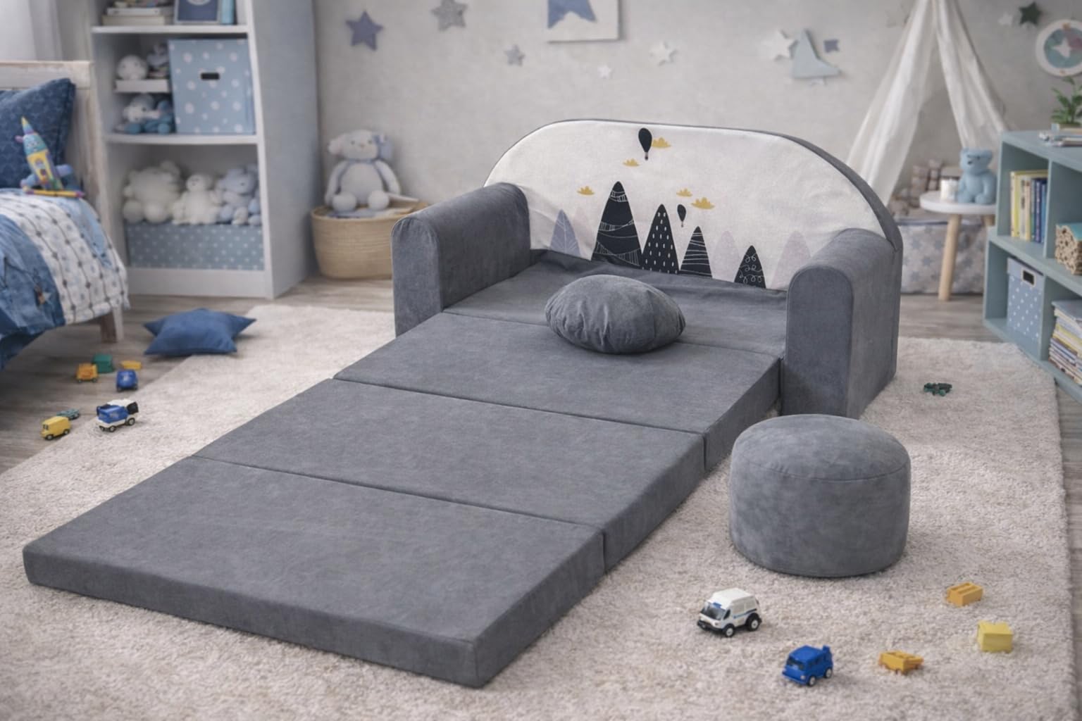 Divano letto pieghevole per bambini con funzione letto Perfetto per giocare e dormire - Con materasso, cuscino e pouf sfoderabili - 98x168x59 cm AX2 Grigio - Cime delle montagne