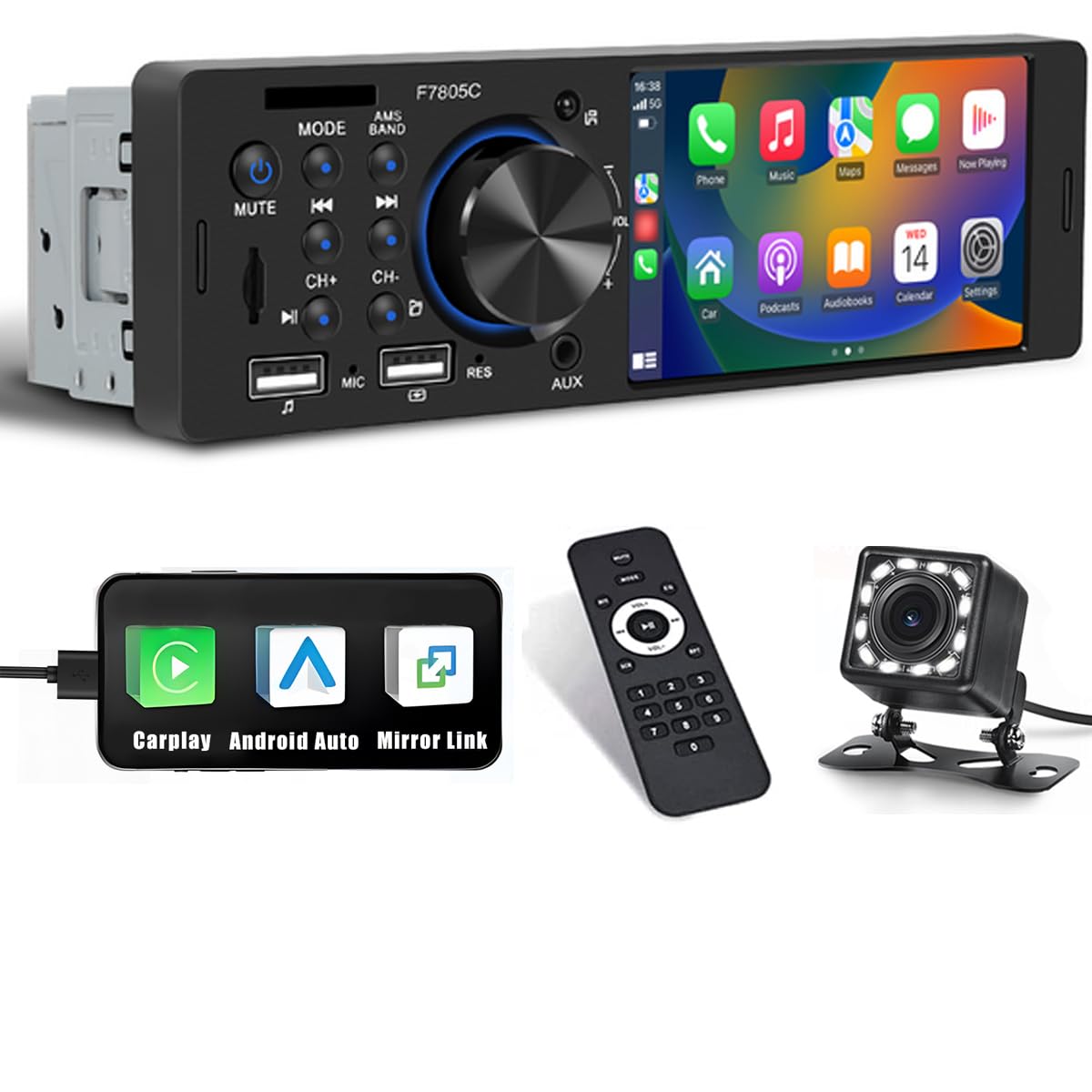 Hikity Radio de Coche 1 DIN Carplay y Android Auto, 4 Pulgadas Pantalla Táctil Estéreo de Coche con Bluetooth, Mirror Link, FM, Cámara Trasera