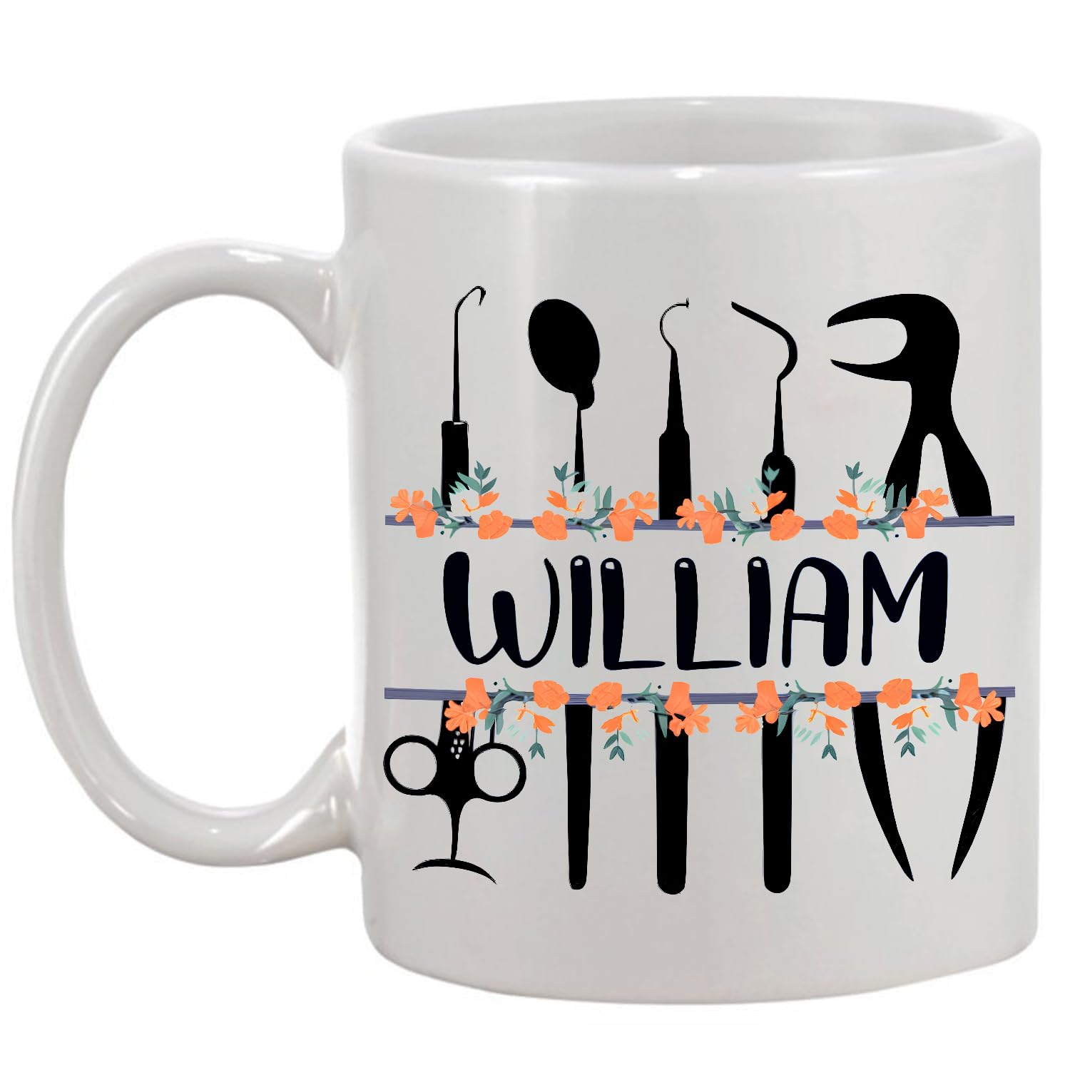 Custom Floral Dentist Mug with Name, Thank You Dentist Coffee Mug Gifts, Personalized Dentist Ceramic Cup, Dentist Mug Gifts for Dental Assistant, Floral Dentist Tea Cup, White Mug