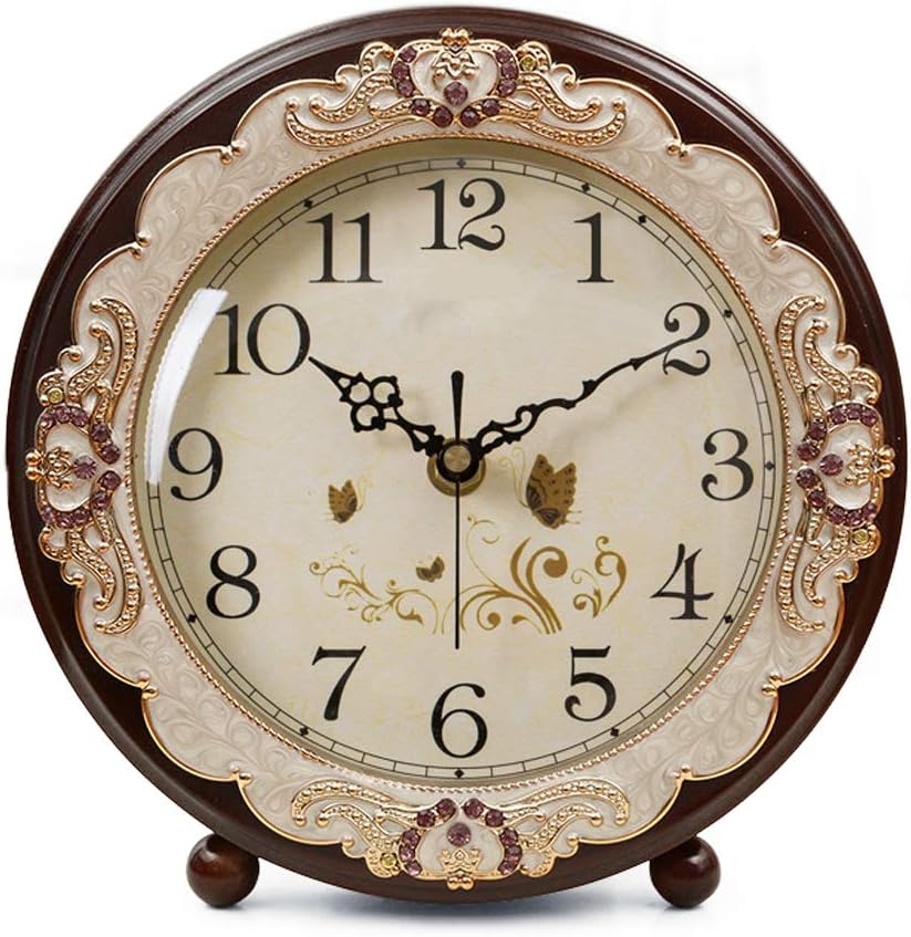 Justup Vintage Table Clock, Retro Non-Ticking European Style Beside Desk Clock Battery Operated Silent Quartz Movement for Bedroom Living Room Indoor Decor (Brown)