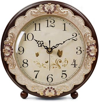 Justup Vintage Table Clock, Retro Non-Ticking European Style Beside Desk Clock Battery Operated Silent Quartz Movement for Bedroom Living Room Indoor Decor Brown
