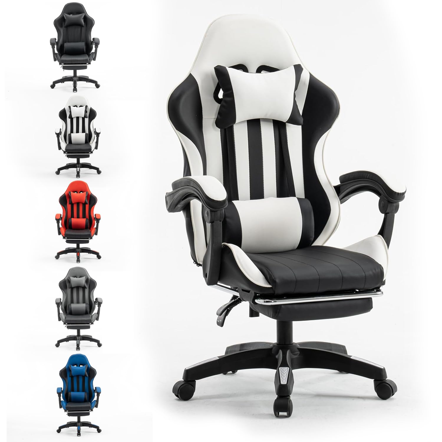 Millhouse Gaming Racing Desk Chair with Adjustable Lumbar Support, Footrest, and Head Pillow, X2022 (White)